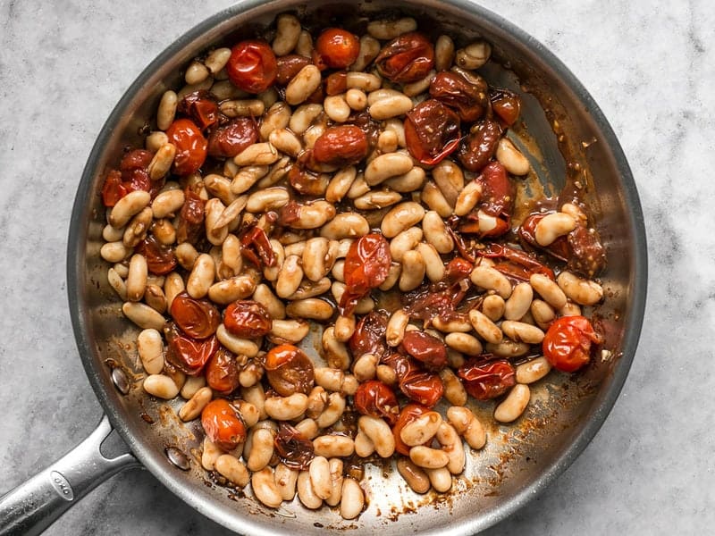 Finished Balsamic Tomatoes and White Beans in the skillet