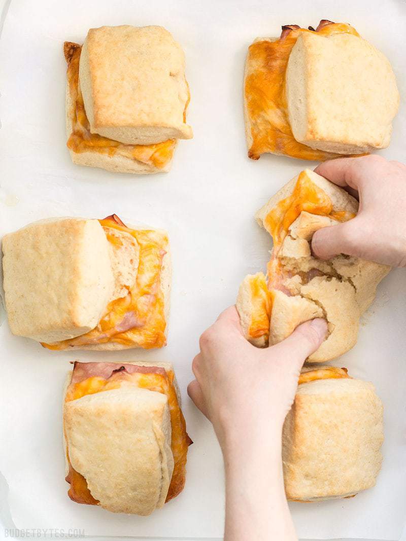 Six Ham and Cheese Biscuits on parchment, a hand tearing one in half.