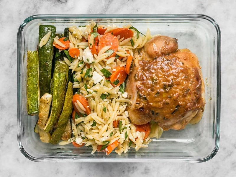Overhead shot of one Maple Dijon Chicken Thigh Meal Prep container