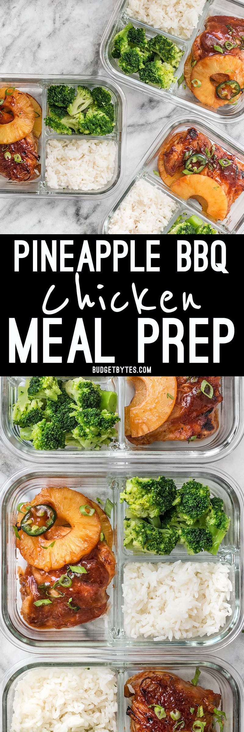 This Pineapple BBQ Chicken Meal Prep includes sweet and tangy chicken, rich and savory coconut rice, and tender broccoli florets. BudgetBytes.com