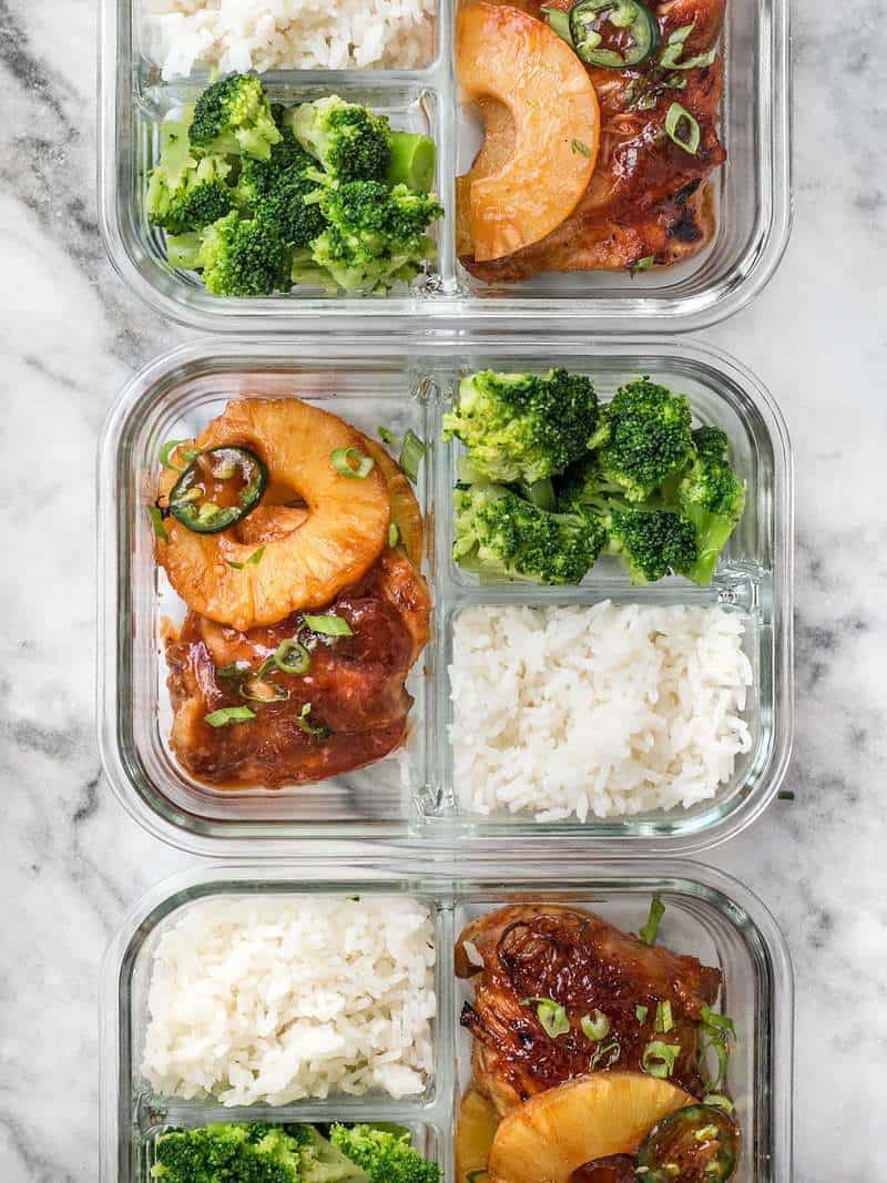 Three Pineapple BBQ Chicken Meal Prep containers in a row