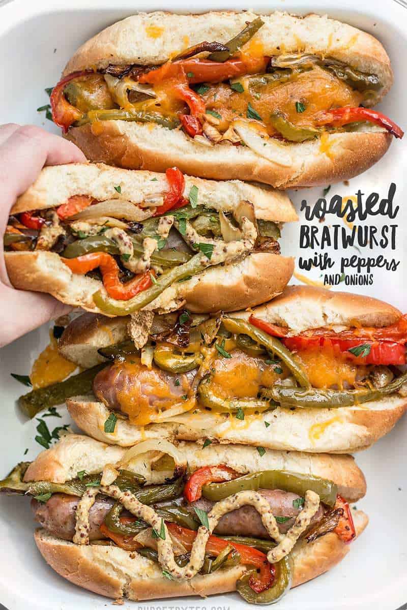 You don't need a grill to make these sweet and tangy Roasted Bratwurst with Peppers and Onions because the oven does all the work. Budgetbytes.com