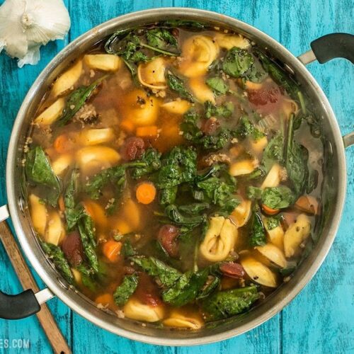 This light but filling vegetable packed Sausage and Tortelloni soup is the perfect lunch for fall. Pair with crusty bread for dipping! BudgetBytes.com