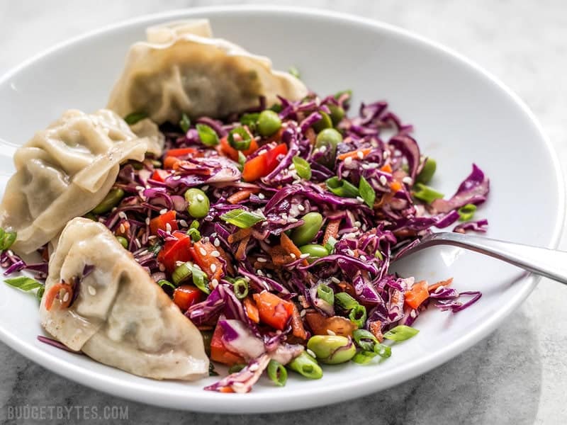 Front view of a bowl of Sesame Slaw and gyoza. 
