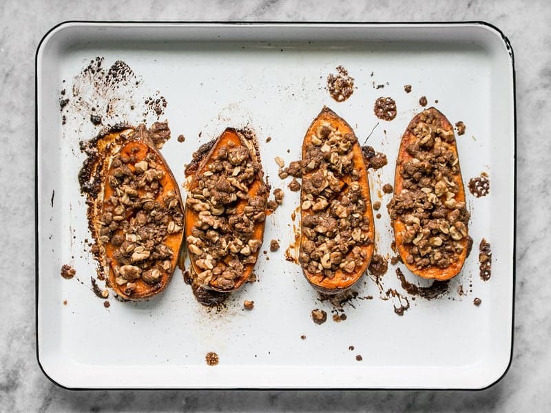 Baked and finished Streuseled Sweet Potatoes on the baking sheet