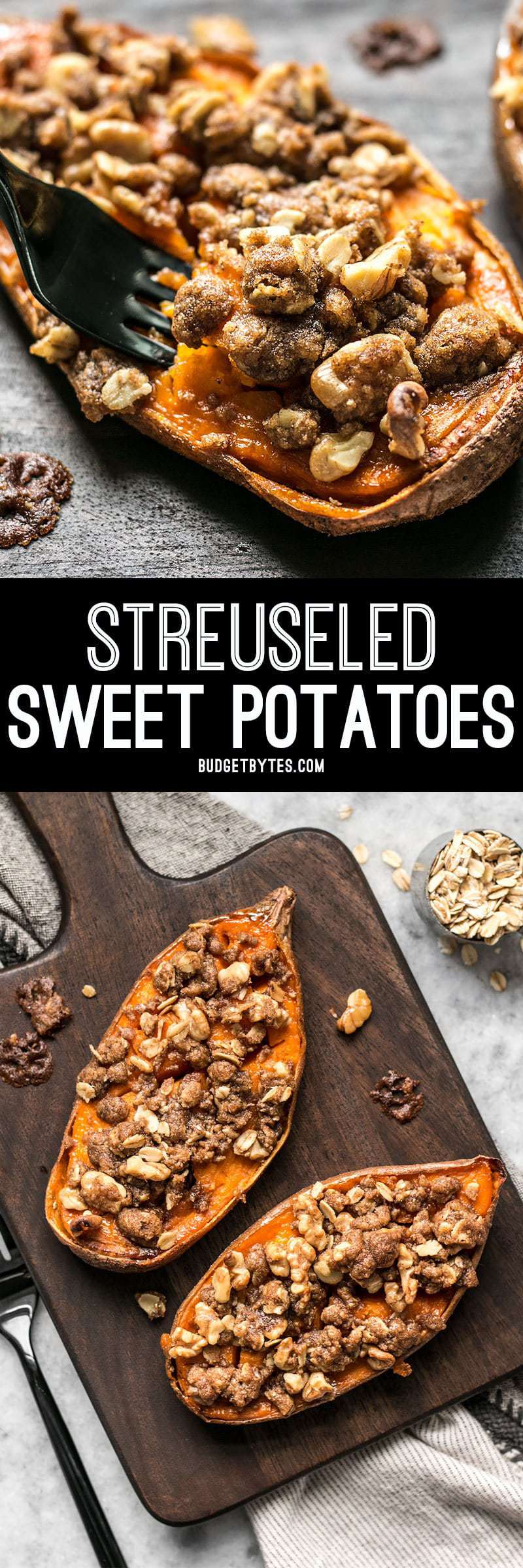 Streuseled Sweet Potatoes are an easy, deconstructed version of the classic sweet potato casserole that is manageable enough for weeknight dessert. BudgetBytes.com