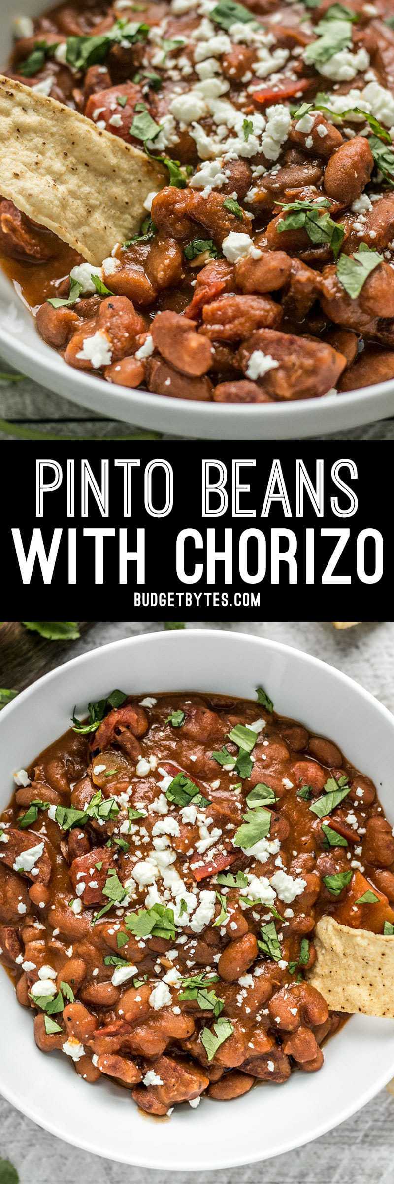 A little bit of Spanish chorizo is all it takes to turn a simple pot of beans into a rich and flavorful meal! BudgetBytes.com