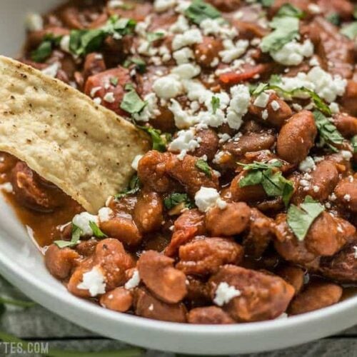 A little bit of Spanish chorizo is all it takes to turn a simple pot of pinto beans into a rich and flavorful meal! BudgetBytes.com