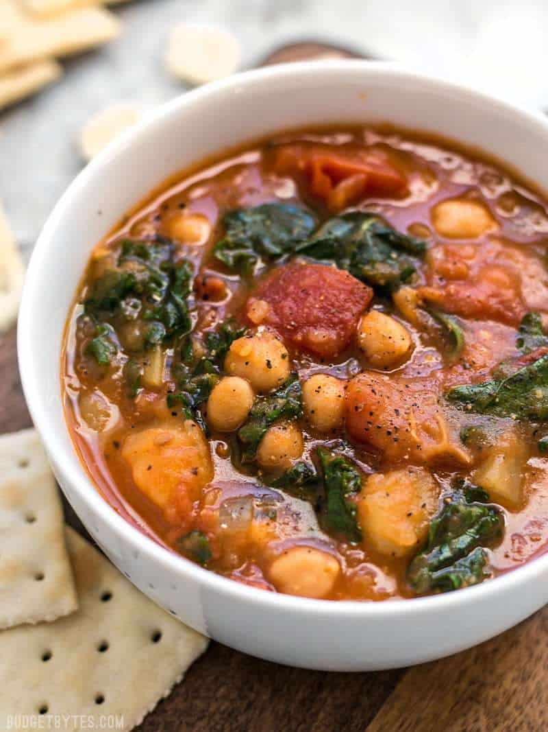 Side view of a bowl of Smoky Potato Chickpea Stew
