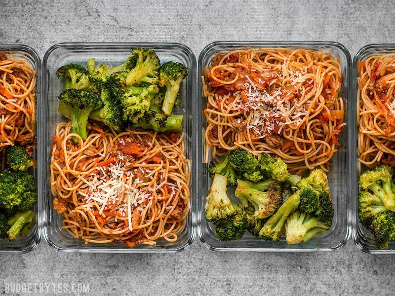 Four Spaghetti Meal Prep containers in a row