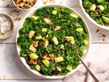 Overhead view of an easy kale salad in a bowl.