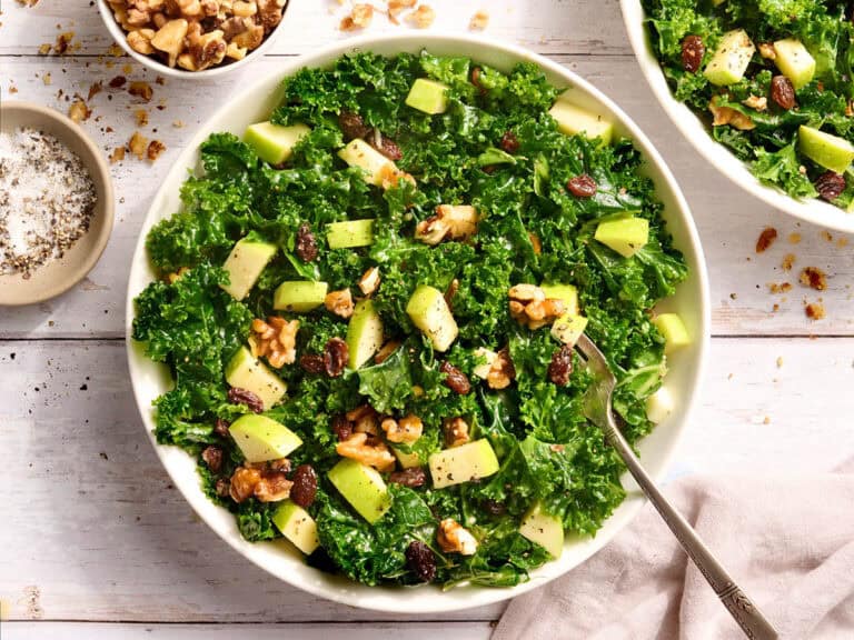 Overhead view of an easy kale salad in a bowl.