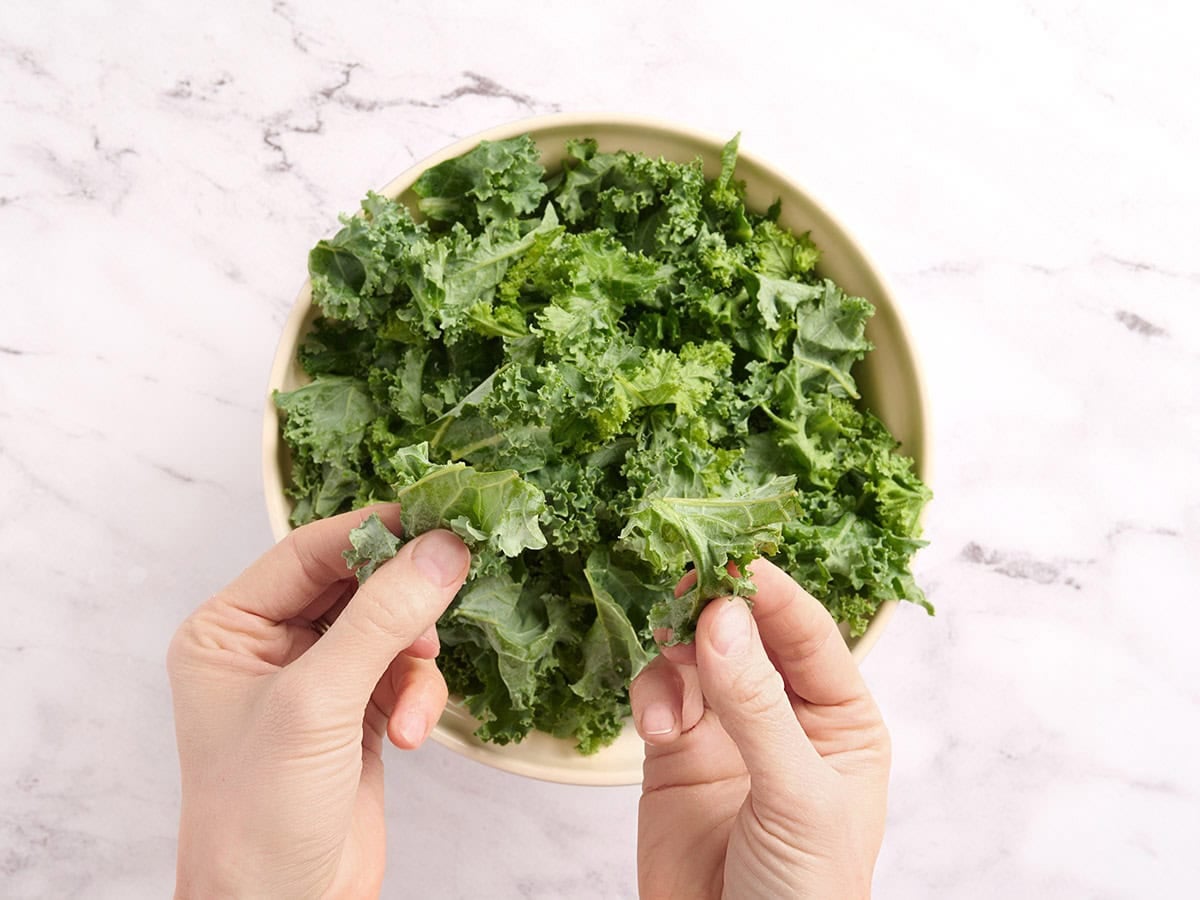 Hands tearing kale into bite sized pieces.