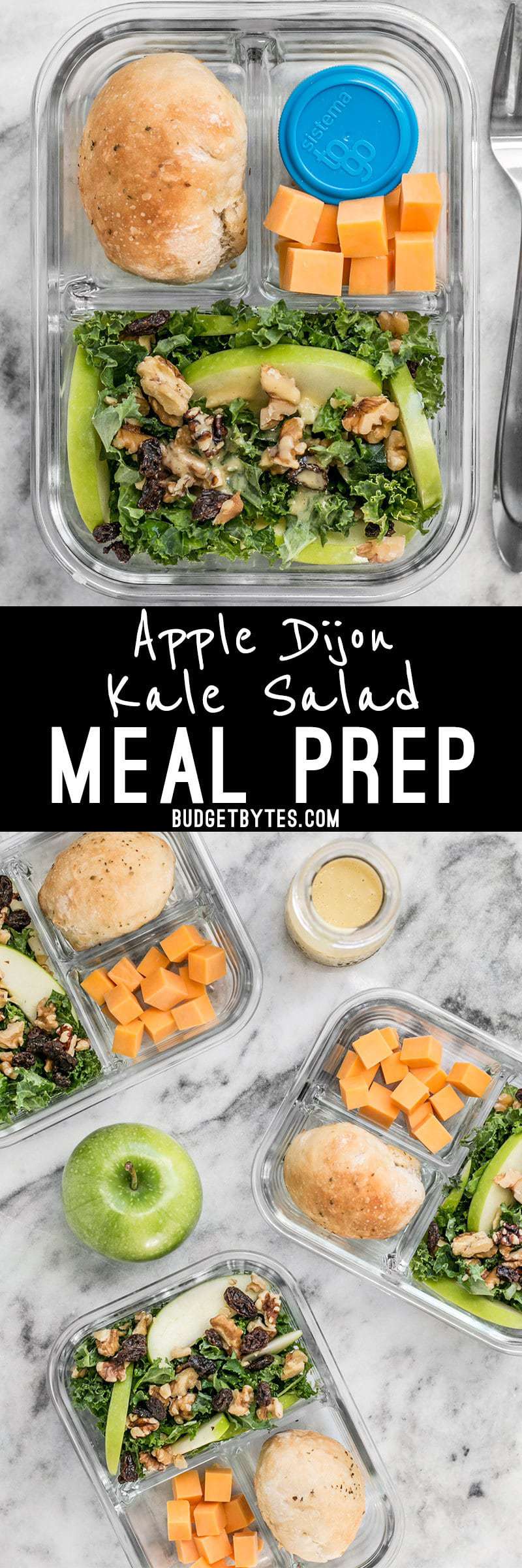 This Apple Dijon Kale Salad Meal Prep is full of texture and bright flavors, and is sure to keep you full for hours. BudgetBytes.com