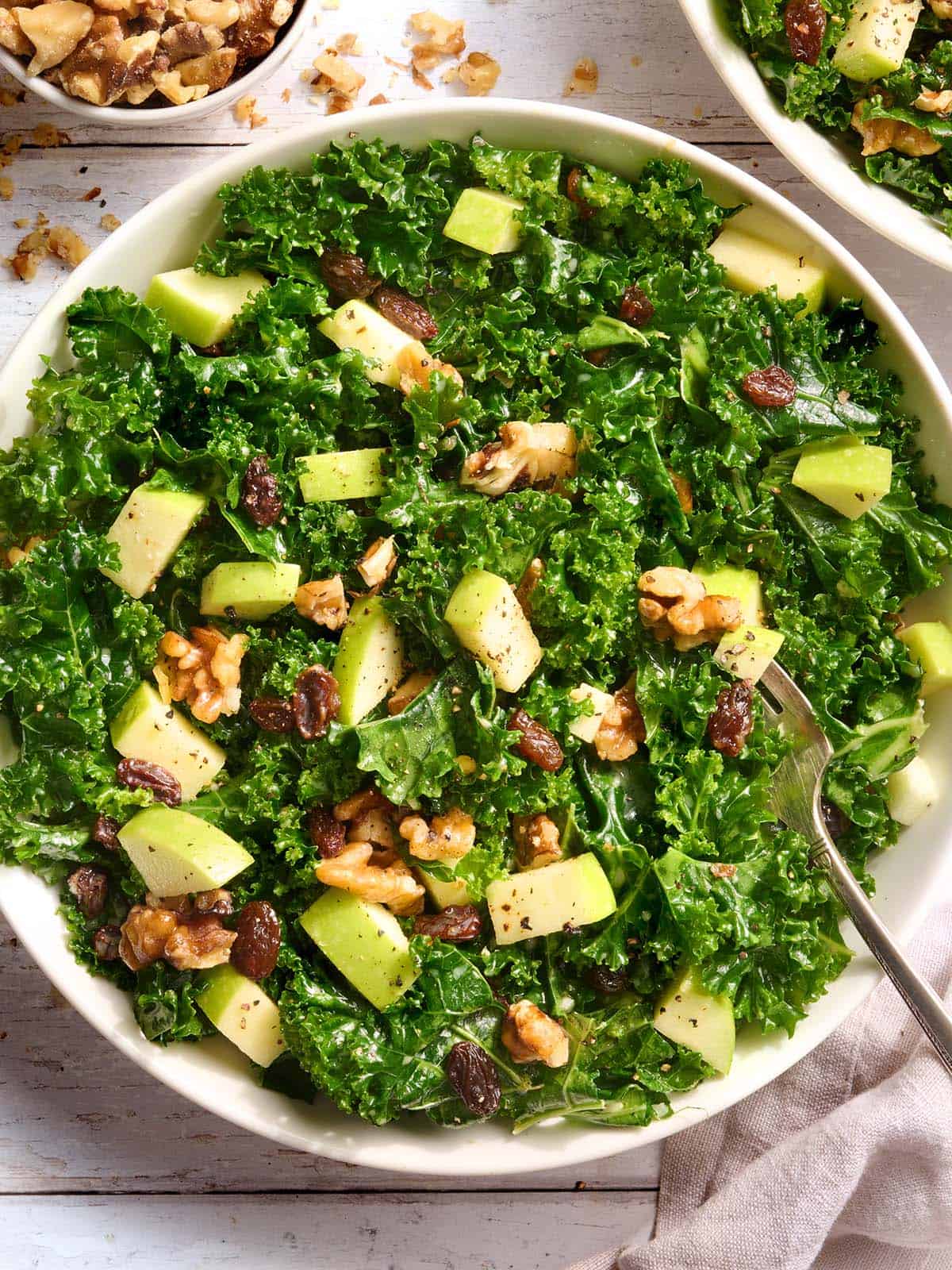 Overhead view of an easy kale salad in a bowl.