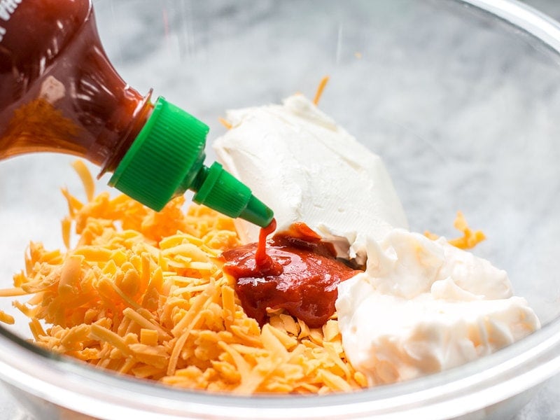 Cheddar Cream Cheese Mayonnaise Sriracha in a bowl