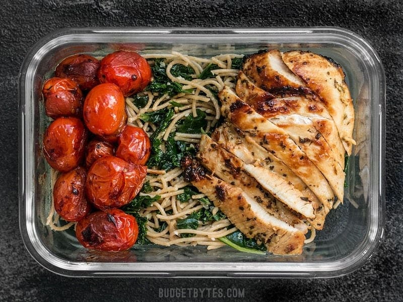 One Garlic Parmesan Kale Pasta Meal Prep container