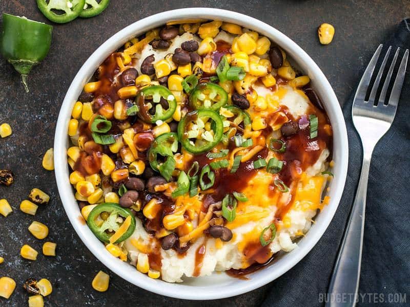 Close up of Loaded Mashed Potato Bowls