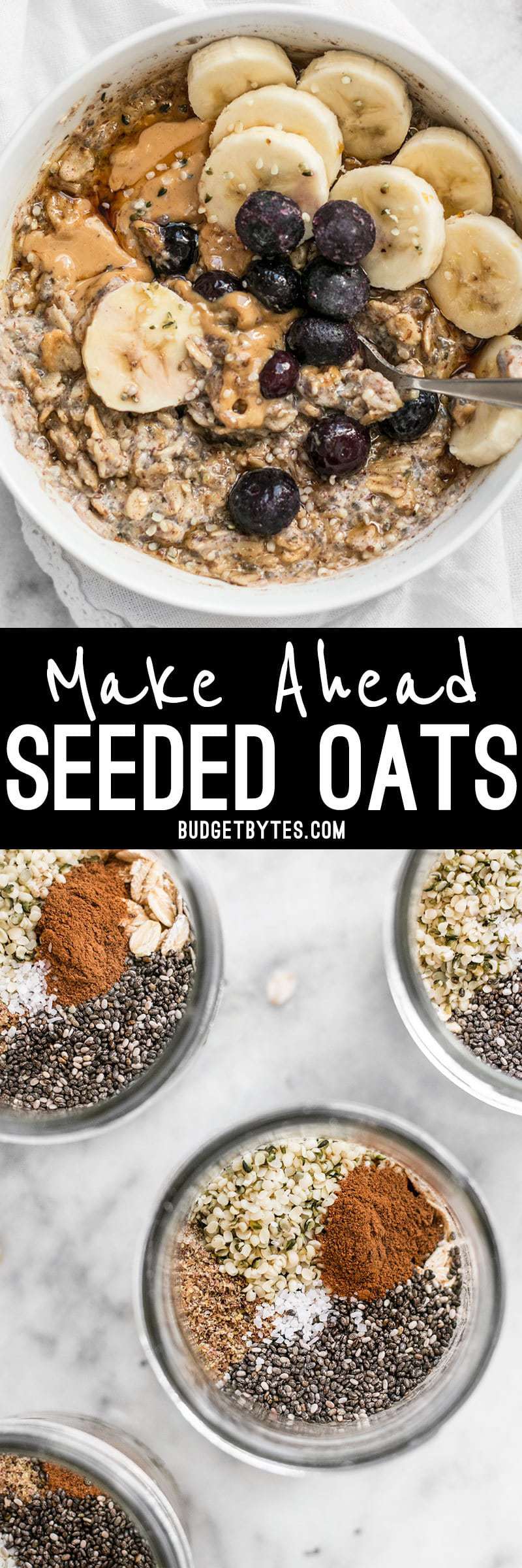 Preparing individual oat packs with seeds, seasoning, and other add-ins, like these Make Ahead Seeded Oats, makes having a healthy breakfast fast and easy. BudgetBytes.com