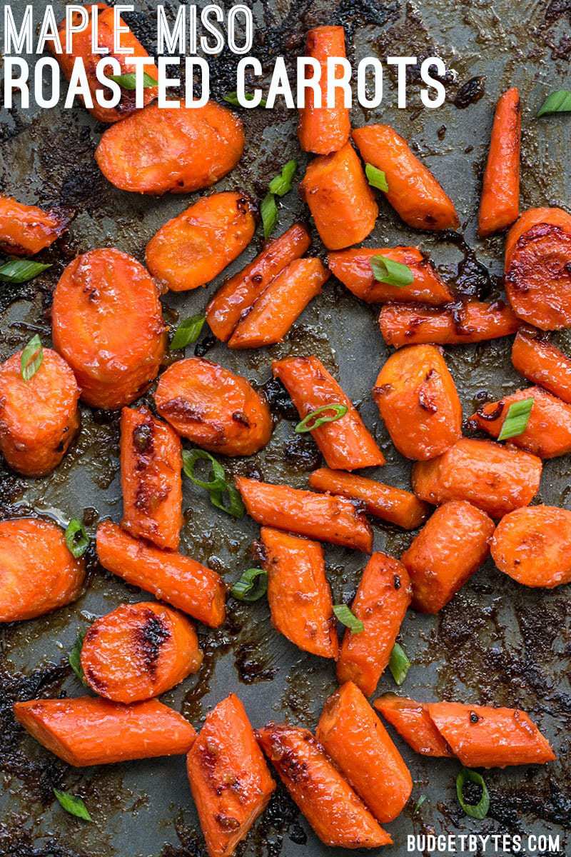 These Maple Miso Roasted Carrots are sweet, savory, and rich, and make a great side dish to any Asian inspired meal. BudgetBytes.com