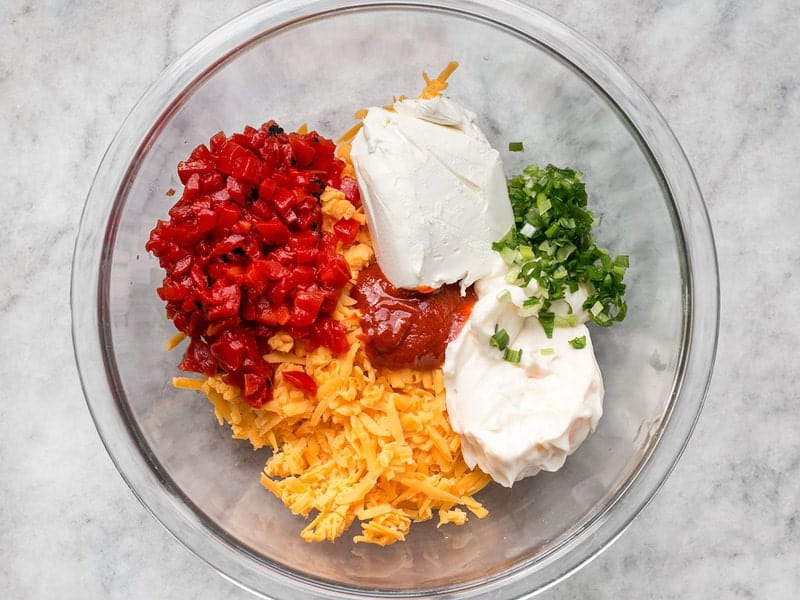 Sriracha Pimento Cheese Spread Ingredients in a bowl