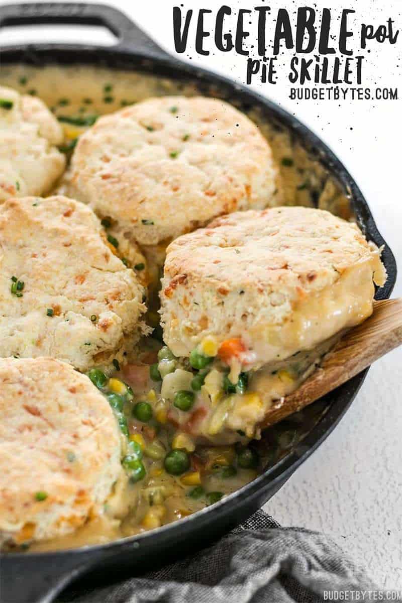This rich and comforting Vegetable Pot Pie Skillet is made fast and easy for weeknight dinners thanks to frozen vegetables. Comfort food all in one skillet! Budgetbytes.com