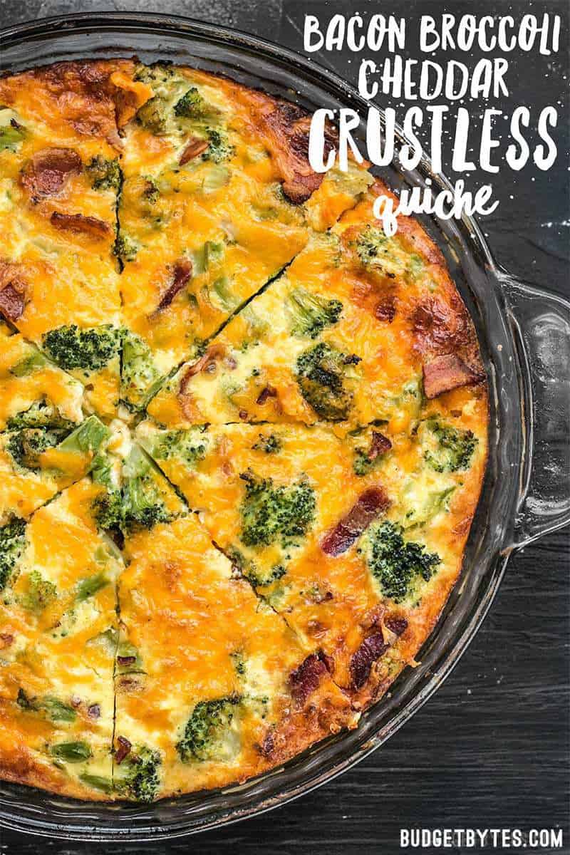 Keep all the ingredients for this Bacon Broccoli Cheddar Crustless Quiche on hand for an easy low-carb breakfast (or dinner!). Budgetbytes.com
