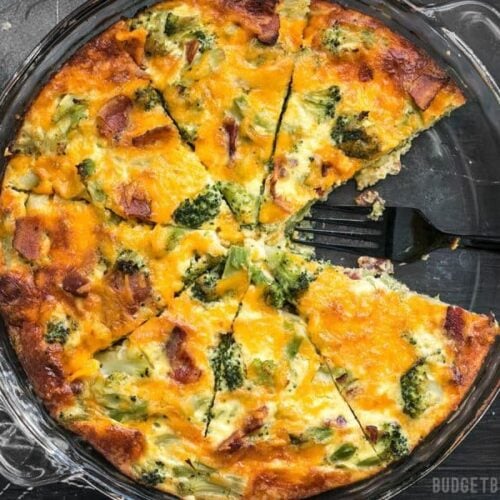 Keep all the ingredients for this Bacon Broccoli Cheddar Crustless Quiche on hand for an easy low-carb breakfast (or dinner!) BudgetBytes.com