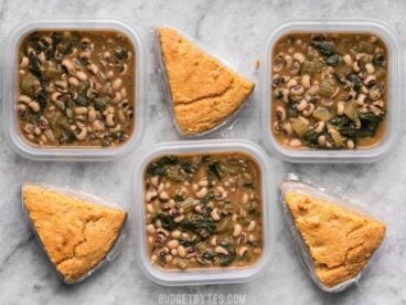 This Black Eyed Peas Meal Prep is comfort food defined and will keep you full, warm, and cozy during these cold winter days. BudgetBytes.com