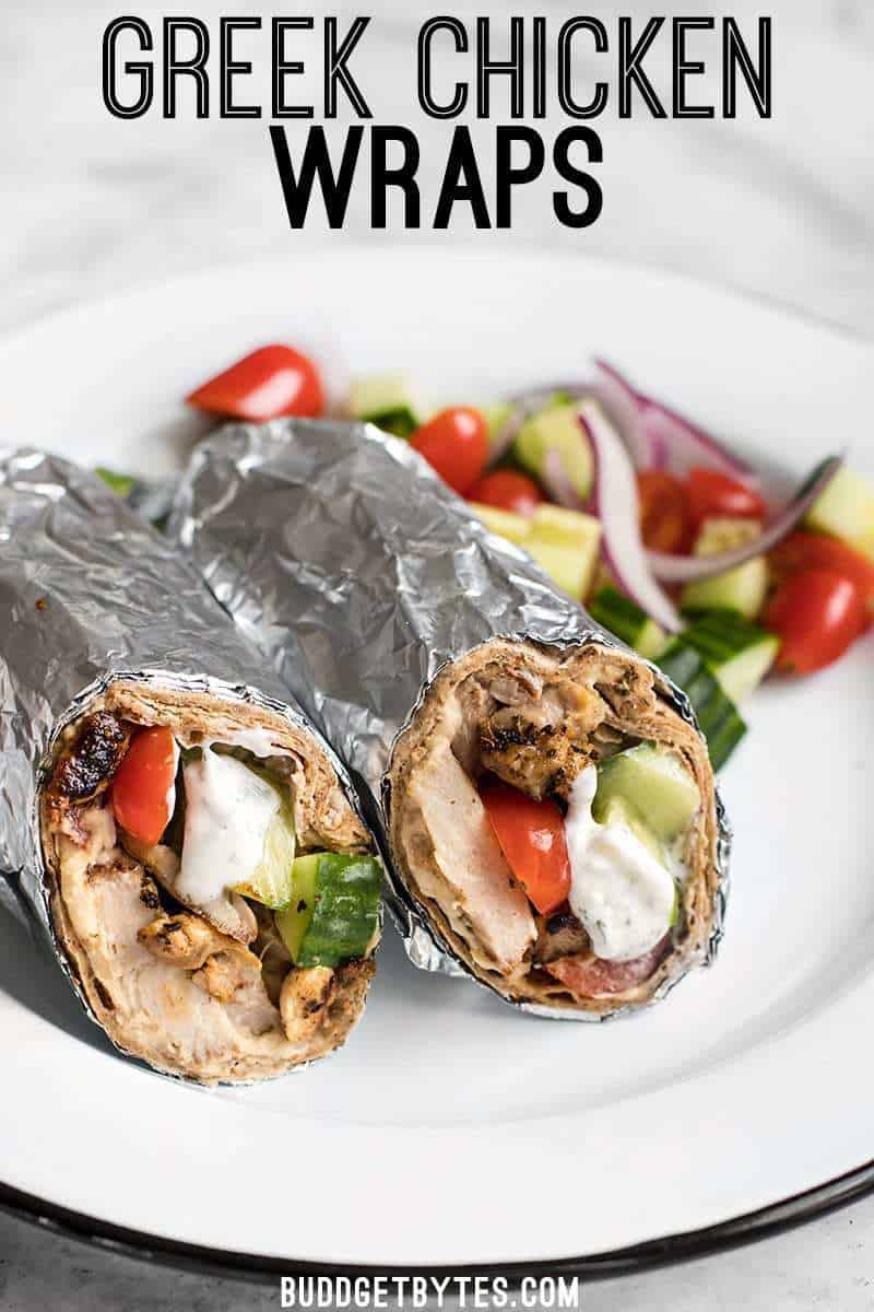 Prep the ingredients for these Greek Chicken Wraps to keep on hand to build fresh wraps or salads all week. BudgetBytes.com