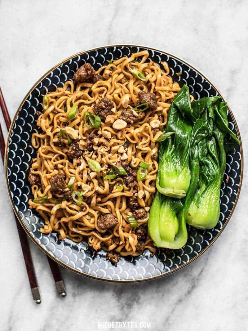 Pork and Peanut Dragon Noodles with steamed bok choy on the side