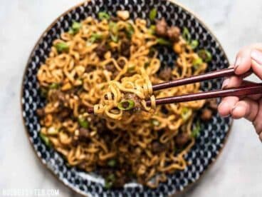 Sweet, salty, rich, and crunchy, these Pork and Peanut Dragon Noodles hit all the bases. It’s fast, easy comfort food for busy nights! BudgetBytes.com