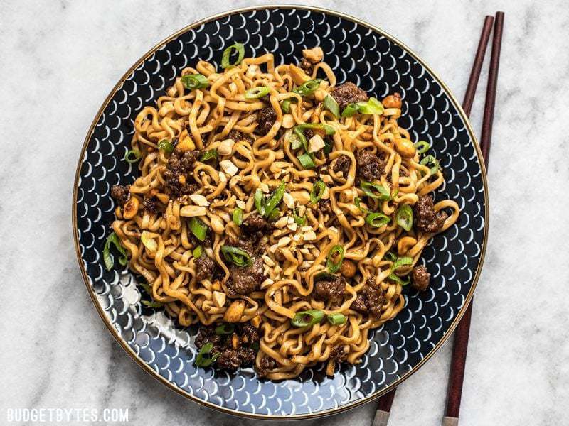 A finished plate of Pork and Peanut Dragon Noodles 