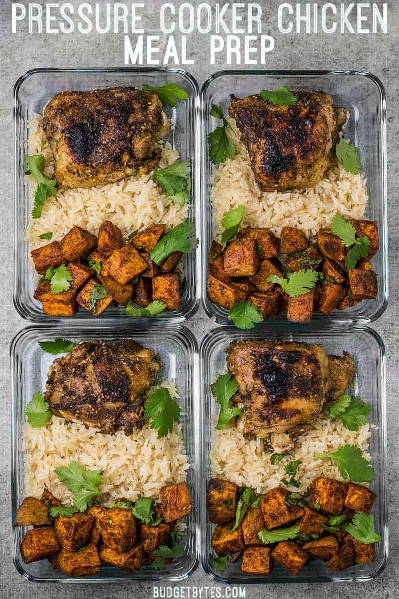 This Pressure Cooker Chicken and Rice Meal Prep combines spicy Moroccan Spiced Sweet Potatoes with tender chicken and savory rice. BudgetBytes.com