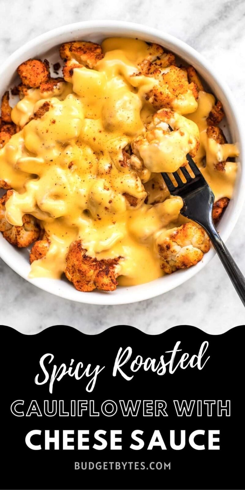 a bowl of roasted cauliflower covered in cheese sauce, title text at the bottom