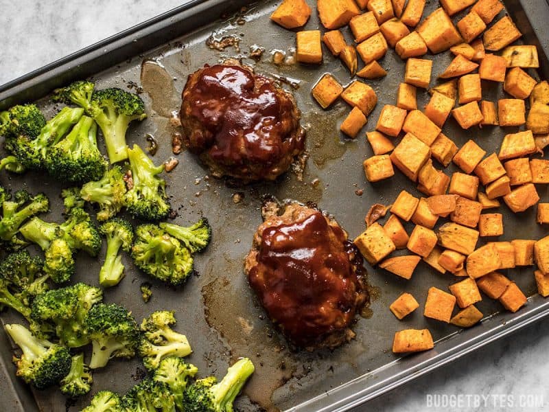 Make an entire dinner for two at one time with this fast and easy Sheet Pan BBQ Meatloaf Dinner. Perfect for meal prep! BudgetBytes.com