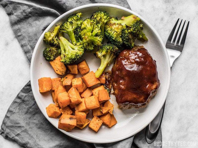 Sheet Pan BBQ Meatloaf Dinner plated up ready to eat