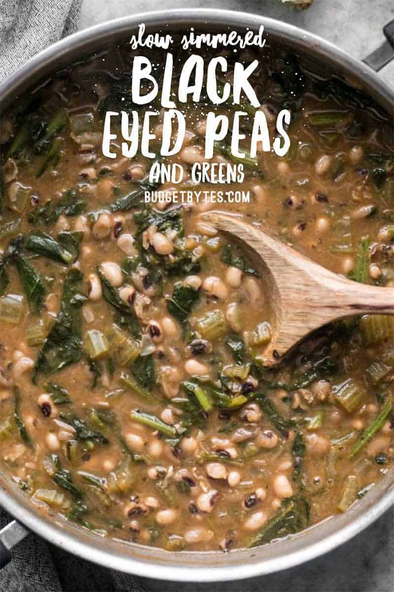 Slow Simmered Black Eyed Peas and Greens is a great cold weather comfort food that is as healthy as it is delicious! Vegan comfort food at its best! Budgetbytes.com