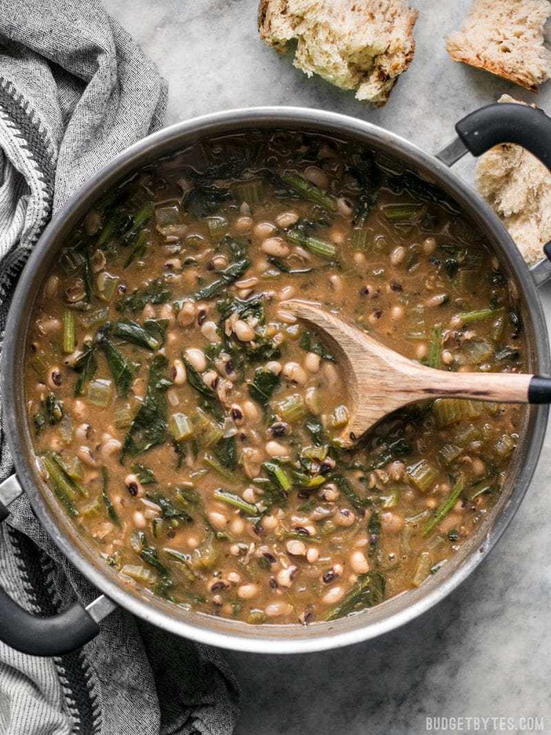 slow simmered black eyed peas and greens