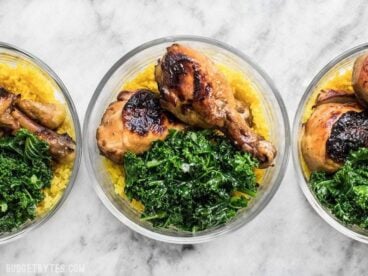 This Chicken Adobo Meal Prep combines overnight marinated chicken, rice cooked with warm spices, and simple sautéed kale for a well rounded and filling meal. BudgetBytes.com