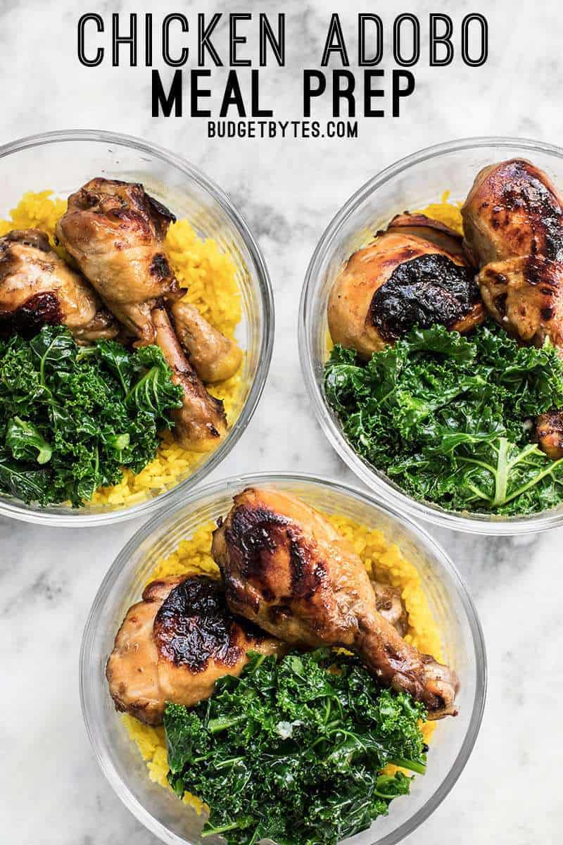 This Chicken Adobo Meal Prep combines overnight marinated chicken, rice cooked with warm spices, and simple sautéed kale for a well rounded and filling meal. BudgetBytes.com