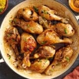 Overhead view of homemade chicken adobo rice in a pan.