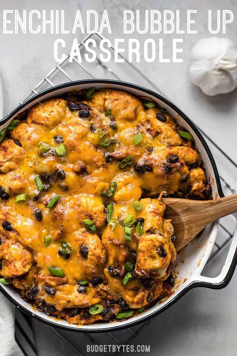 If you love bubble up casseroles but don’t love canned biscuits, you’ve got to try this from-scratch Enchilada Bubble Up Casserole. BudgetBytes.com