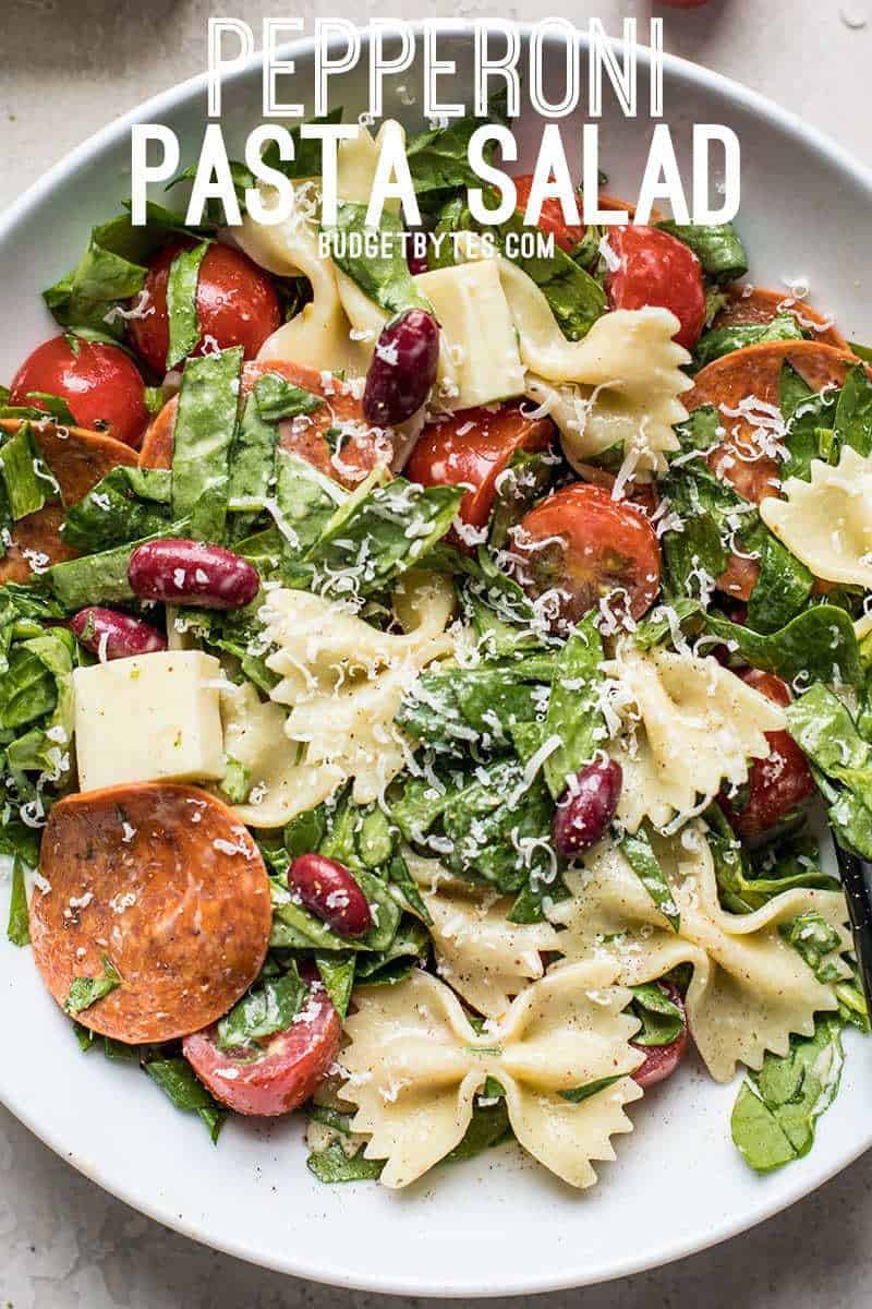 Pepperoni’s rich and peppery bite is the perfect contrast to mild spinach, mozzarella, and pasta in this Pepperoni Pasta Salad. BudgetBytes.com