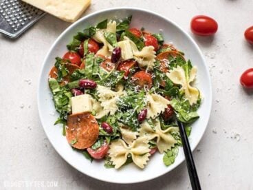 Pepperoni’s rich and peppery bite is the perfect contrast to mild spinach, mozzarella, and pasta in this Pepperoni Pasta Salad. BudgetBytes.com
