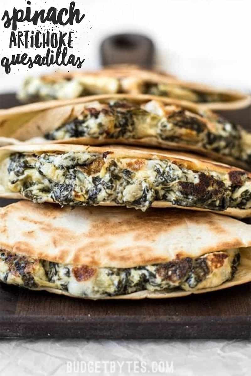 Use your leftover party dips to make a delicious lunch the next day, like these super creamy Spinach Artichoke Quesadillas. Budgetbytes.com