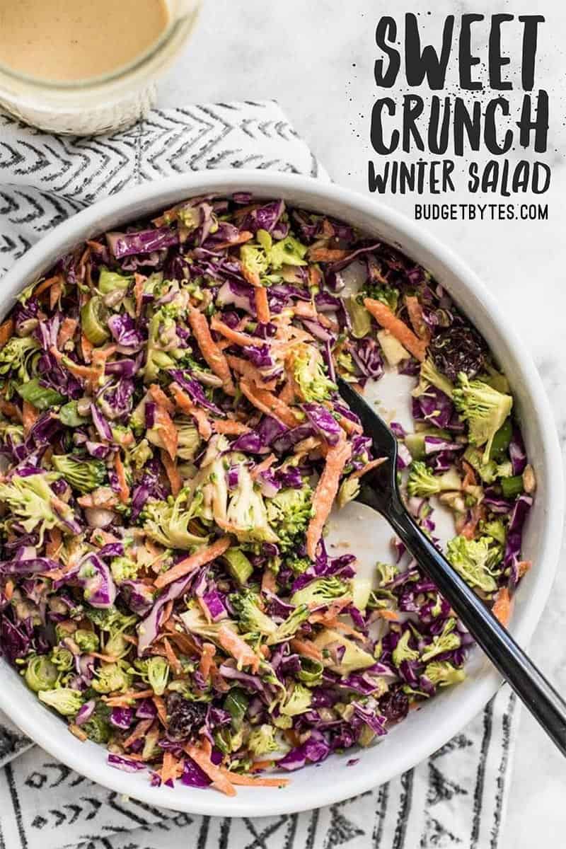 When fresh vegetables are in short supply, make this Sweet Crunch Winter Salad packed full of winter vegetables and a homemade Maple Tahini Dressing. BudgetBytes.com