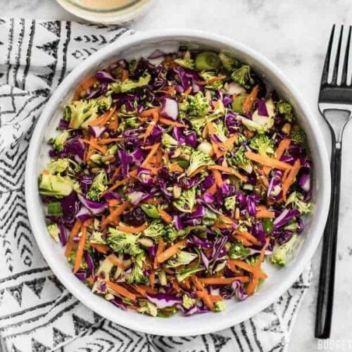 When fresh vegetables are in short supply, make this Sweet Crunch Winter Salad packed full of winter vegetables and a homemade Maple Tahini Dressing. BudgetBytes.com