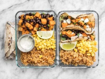 This simple Sweet Potato Taco Meal Prep box is easy, vegetarian, and a full flavored make ahead lunch. BudgetBytes.com
