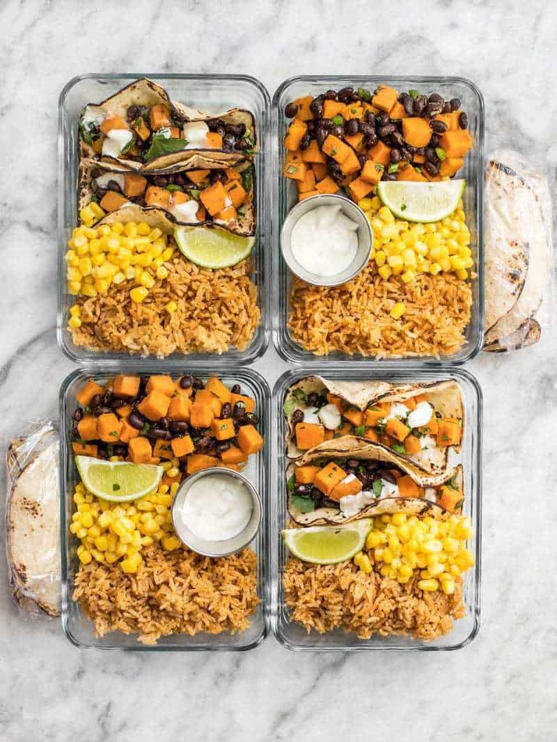 This simple Sweet Potato Taco Meal Prep box is easy, vegetarian, and a full flavored make ahead lunch. BudgetBytes.com